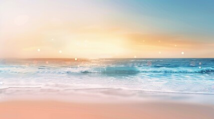 Obraz premium Blurry tropical beach with bokeh, sun light, waves, abstract background, copy and text space, 16:9