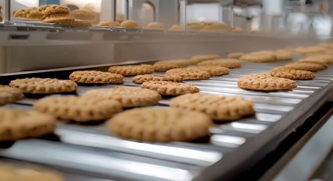 Bakery production line with cookies on conveyor belt in food factory. Concept Food Processing, Manufacturing Process, Cookie Production, Conveyor Belt, Bakery Operations