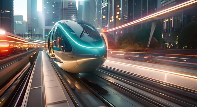 Futuristic magnetic levitation city with fast trains showcasing efficient highspeed rail travel. Concept Futuristic City, Magnetic Levitation, Highspeed Rail, Efficient Travel, Fast Trains