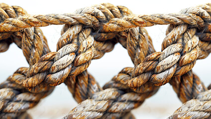 Fototapeta premium A fragment of various knots from large sea ropes,Generated by AI