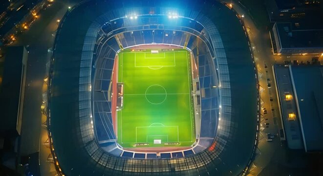 Aerial view of sports stadium with lush grass and bright lights . Concept Sports Stadium, Aerial View, Lush Grass, Bright Lights, Bird's Eye View