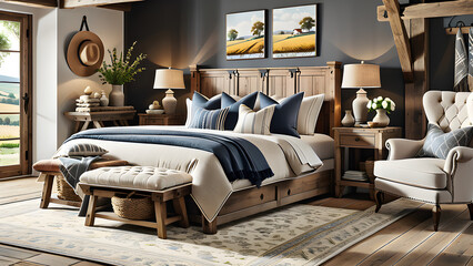 interior design,bed,living room,armchair,carpet,Farmhouse: Rustic wood, vintage decor, neutral hues, and cozy textiles for a charming, country-inspired aesthetic,Generative AI