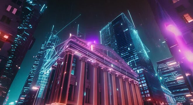 Neoclassical bank building in neonlit virtual cityscape symbolizes futuristic fintech transformation . Concept Futuristic Architecture, Neon Lighting, Virtual Cityscape, Fintech Transformation