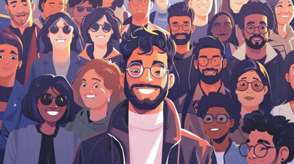 Happy Man Surrounded by a Crowd of Smiling Faces Generative AI