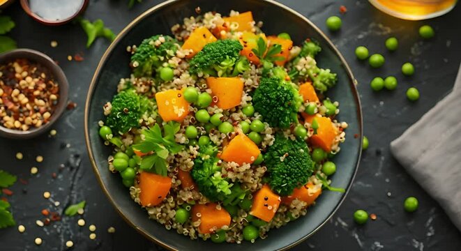 Topdown view of a vegetarian quinoa salad with broccoli butternut squash and peas . Concept Food Photography, Vegetarian Recipes, Quinoa Salad Ideas, Topdown View, Healthy Eating