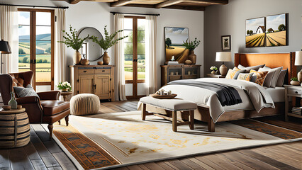 interior design,bed,living room,armchair,carpet,Farmhouse: Rustic wood, vintage decor, neutral hues, and cozy textiles for a charming, country-inspired aesthetic,Generative AI