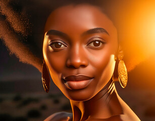Retrato primer plano de una mujer africana en la hora dorada, ojos marrones, cabello rizado, pendientes, labios gruesos, mirada sonriente, Mayo 2024