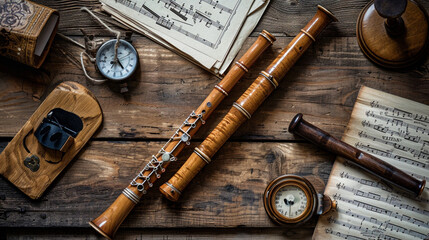 Recorder on Wooden Desk A recorder lying on a wooden desk surrounded by sheet music and other...