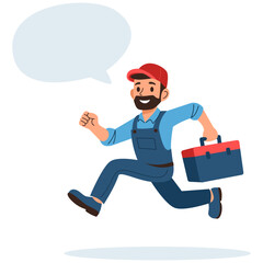 Flat vector illustration. Cheerful plumber running for a call, speech bubble with space for your text . Vector illustration