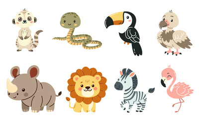 Set of flat vector illustrations in children's style of savannah animals. Cute rhinoceros lemur lion flamingo toucan vulture vulture snake zebra . Vector illustration