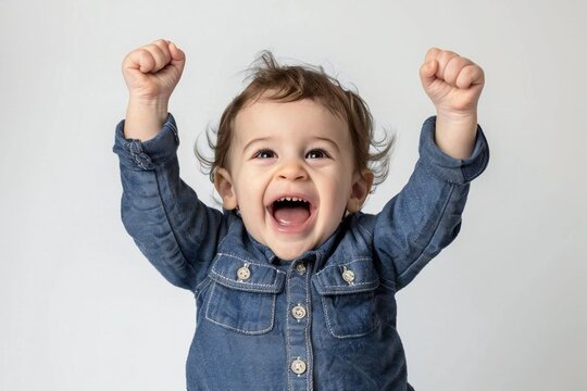 Cheering Caucasian toddler celebrates success, surprised and delighted