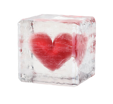 Red heart inside frozen ice cube. Transparent background. 3D illustration