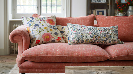 Colorful floral cushions on vintage sofa