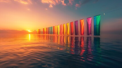 A detailed HD image of a waterfront lined with sequential Pride banners representing each color of the rainbow, reflected in the calm waters at sunset - Powered by Adobe