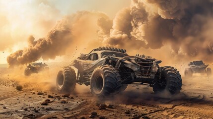 Apocalyptic monster truck driving in the desert with dust flying, crazy 4x4 max style.