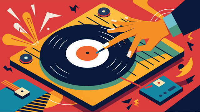 The sound of a record being scratched fills the room as the DJ expertly manipulates the crossfader creating a bold and electrifying sound. Vector illustration