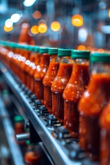 Highly efficient bottled ketchup production line in an industrial factory environment