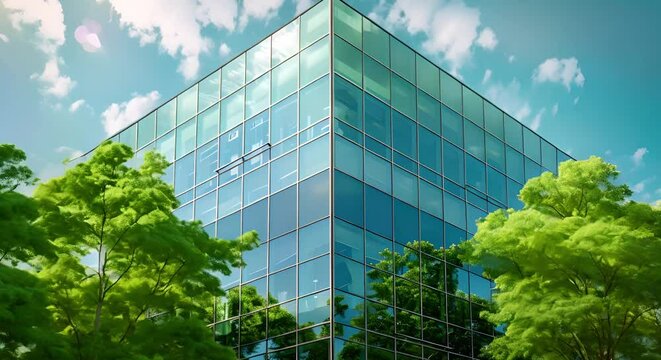 Corporate glass building with green trees reflected showcasing ESG sustainability integration. Concept Green Architecture, Sustainability, ESG Integration, Corporate Environment, Nature Reflections