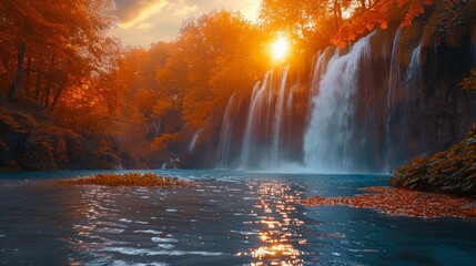 Golden Sunset Illuminates a Majestic Waterfall Surrounded by Autumn Trees