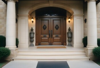 A grand, classical-style entrance with a set of double wooden doors surrounded by ornate columns and a stone staircase leading up to the entrance