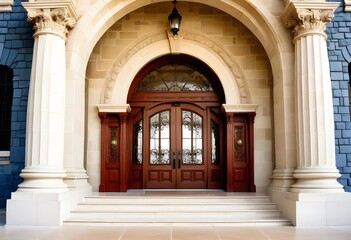 Obraz premium A grand, classical-style entrance with a set of double wooden doors surrounded by ornate columns and a stone staircase leading up to the entrance