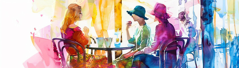Chic looks at a casual cafe, a group of friends in fashionable attire, their style reflecting current trends and personal flairwatercolor illustrations