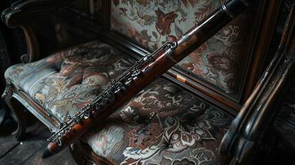 Expressive Bassoon An expressive bassoon propped against a cushioned chair, with its dark wooden body and intricate keys hinting at the instrument's ability to evoke both humor and pathos - Powered by Adobe