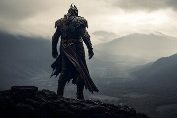 Warrior standing on the top of the mountain. 3d rendering