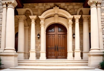 A grand, classical-style entrance with a set of double wooden doors surrounded by ornate columns and a stone staircase leading up to the entrance