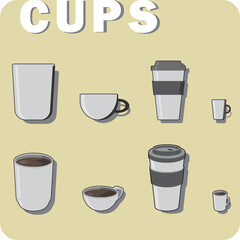 A set of cups (of tea, or coffee, or other beverage), each cup got shadows. Isolated on ochre background. Four types of cups: take away, small for espresso, hemispherical, tall without handle.