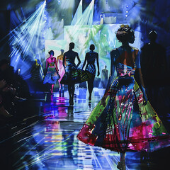 High fashion runway show, models showcasing avant-garde designs under dramatic lighting, capturing the essence of couturewatercolor illustrations