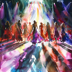 High fashion runway show, models showcasing avant-garde designs under dramatic lighting, capturing the essence of couturewatercolor illustrations