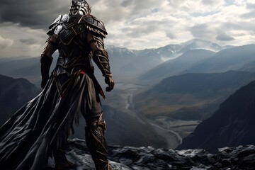3d illustration of a fantasy warrior against the backdrop of the mountains
