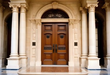 Obraz premium A grand, classical-style entrance with a set of double wooden doors surrounded by ornate columns and a stone staircase leading up to the entrance