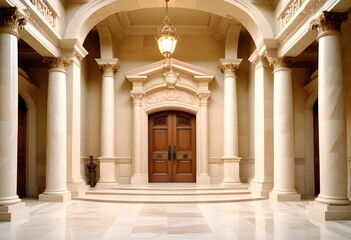 A grand, classical-style entrance with a set of double wooden doors surrounded by ornate columns and a stone staircase leading up to the entrance
