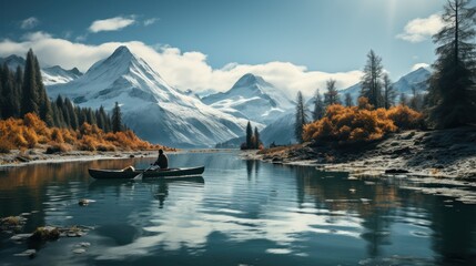 Male Traveler in Winter Coat Canoeing on Serene Mountain Lake Amidst Snow-Capped Peaks and Autumn Foliage