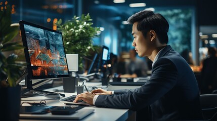 Focused Engineer Working on Urban Design Project in Modern Office at Night