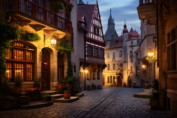 A historic European street in the evening Generative Ai
