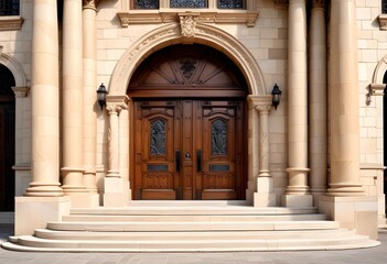Fototapeta premium A grand, classical-style entrance with a set of double wooden doors surrounded by ornate columns and a stone staircase leading up to the entrance