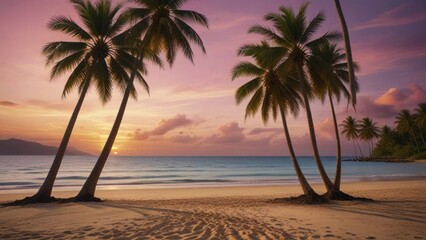 Beautiful tropical beach sunset with palm trees and pink sky for travel and vacation in holiday relax time
