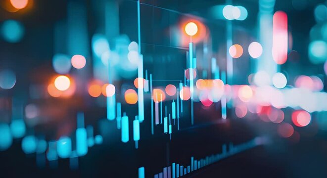 Blue stock market candlestick chart with financial data and blurred background . Concept Stock Market Trends, Financial Data Analysis, Business Investment, Candlestick Charts, Market Volatility