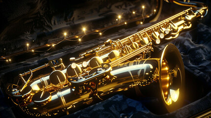 Golden Saxophone A gleaming golden saxophone resting on a velvet-lined case, with its elegant curves and polished keys shimmering under the stage lights, ready to fill the air