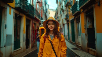 Fototapeta premium Stylish Female Tourist in Yellow Exploring Vibrant European City