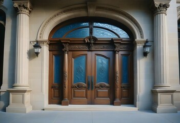 Naklejka premium A grand, classical-style entrance with a set of double wooden doors surrounded by ornate columns and a stone staircase leading up to the entrance