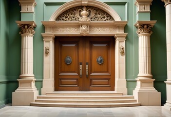 Obraz premium A grand, classical-style entrance with a set of double wooden doors surrounded by ornate columns and a stone staircase leading up to the entrance