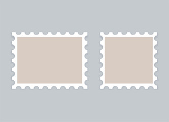 Two empty postage Stamps. Mockup with perforated frames. Square and rectangular template. Just insert image or design. 