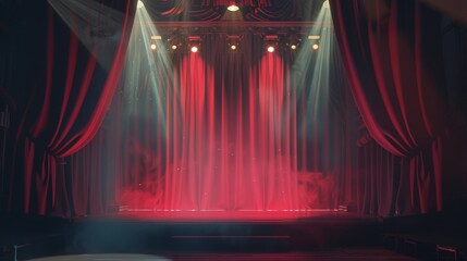 Vibrant Theater Stage with Red Curtains and Spotlights Generative AI