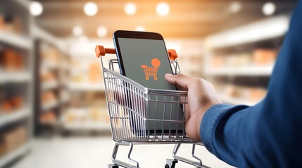 Digital composite of Hand with smartphone in shopping cart against blurry supermarket background