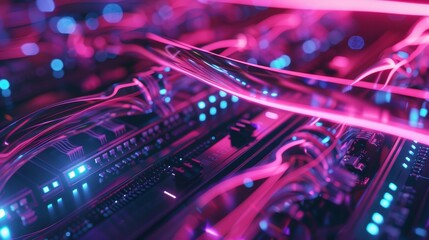 Glowing Data Cables Transferring Information Inside Computer Server Generative AI