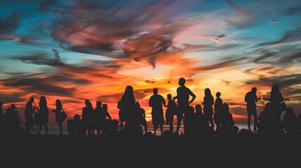 Fototapeta premium Dramatic silhouettes of people against a vibrant sunset